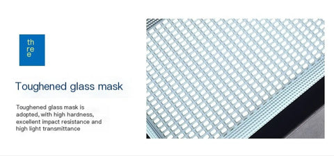 Close-up of toughened glass mask, showcasing high durability and light transmittance features.