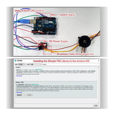 Pro Grade Flight Ready High Torque Brushless Outrunner Hollow Shaft Motor Kit With AS5600 Magnetic Encoder And SimpleFOCmini Driver Board connected to Arduino UNO with labeled power supply and control signal.