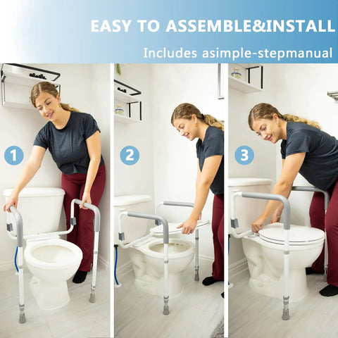 Built Heavy Duty Bathroom Safety Rail For Seniors Featuring Height And Width Adjustable Handles With Thick Padded Foam Grip For Rock Solid Stability Up To 350 Lbs With Zero Drama Installation, shown during easy assembly.