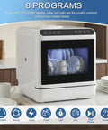 Portable Automatic Countertop Dishwasher Boasting 360 Dual Spray Zero Fuss Setup Quick Dry Cycle Double Disinfection Ultra Compact Rental Friendly Kitchen Upgrade For Small Apartments with visible program buttons and dishware inside.
