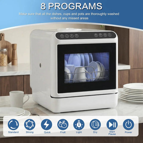 Portable Automatic Countertop Dishwasher Boasting 360 Dual Spray Zero Fuss Setup Quick Dry Cycle Double Disinfection Ultra Compact Rental Friendly Kitchen Upgrade For Small Apartments with visible program buttons and dishware inside.