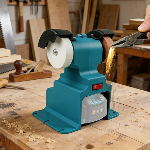 Heavy Duty Mini Bench Grinder And Buffer Polisher Featuring Secure Six Hole Mounting Base For 18V Battery Powered Workshop Rigs, compact design for metal grinding on workstation.
