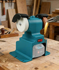 Tough Guy Mini Bench Grinder 200 Watt High Speed 7000 RPM showing grinding wheel in action on a wooden workbench.