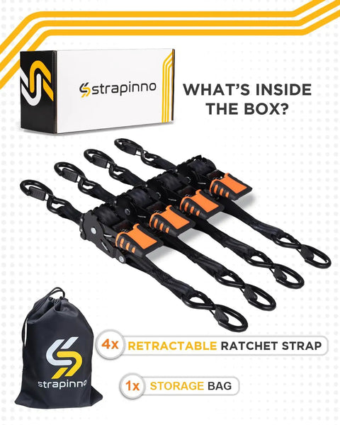 Heavy Duty Retractable Ratchet Straps Bundle Four Piece Set One Inch Wide By Six Feet Long With Comfort Fit Handles And Weather Proof S Hooks For Securing Loadouts On Bikes Or Trailers With No Sweat And Steady Hold in a storage bag.