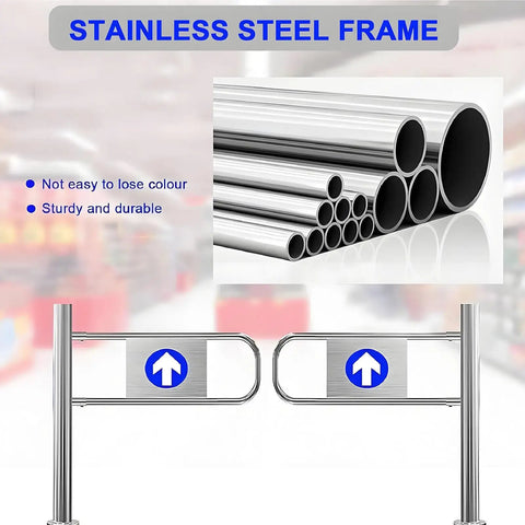 Heavy Duty Metal Swing Gate With Slick Spring Loaded One Way Safety Design, Legit Right Or Left Turnstile For Retail And Warehouse Layouts, Built Tough For High Foot Traffic Spots with stainless steel frame and support posts.