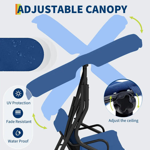 Adjustable canopy features of Three-Seat Outdoor Porch Swing With Adjustable Canopy And Removable Cushions Powder-Coated Steel Frame Sturdy Stand Blue Patio Swing For Porch Backyard Or Garden Built For Chill Vibes And Family Hangouts.