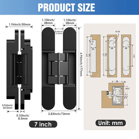 Seven Inch Black Hidden Door Hinges For Secret Rooms And Bookcase Doors Slick Invisible Folding Hardware dimensions and layout diagram
