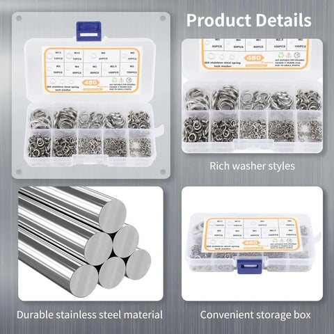 Stainless Steel Lock Washer Set Kit For Auto And Home Fixes 480 Pcs Nine Legit Sizes From M2 To M12 With Storage Box And Metal Split Washers Durable Rust Resistant For Auto And Furniture Repairs In Any Shop Or Garage With A Handy Storage Box. 480-piece 304 stainless steel washer set in labeled storage box