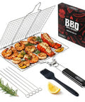 Shallow Grill Basket Set For Outdoor Grilling Stainless Steel Folding Portable BBQ Rack With Skewers Basting Brush And Carry Case