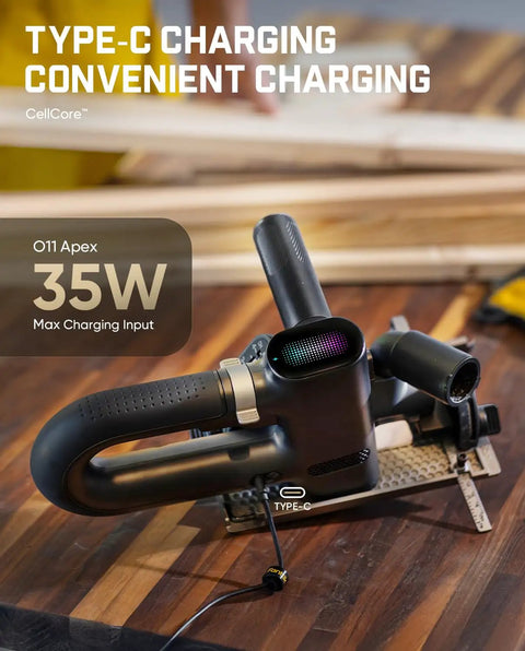 Bad Ass 4-1/2 Inch Mini Cordless Circular Saw With Brushless Motor Cranking Out 4700 RPM showing Type-C connected for charging.