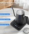 Gooseneck Electric Kettle With Precise Temperature Control Pro Grade 1L 1200W Fast Heating 24 Hour Keep Warm Auto Memory For 30 Minutes Food Grade Stainless Steel Pour Over Kettle For Coffee And Tea with digital control on counter.