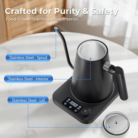 Gooseneck Electric Kettle With Precise Temperature Control Pro Grade 1L 1200W Fast Heating 24 Hour Keep Warm Auto Memory For 30 Minutes Food Grade Stainless Steel Pour Over Kettle For Coffee And Tea with digital control on counter.