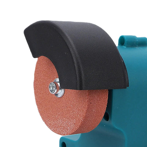 Close-up of the grinding wheel on the Cordless Mini Bench Grinder Featuring Two 4000Mah Cells 200 Watt Power 7000 RPM Speed 70mm Grinding Wheel Portable Angle Polisher Built Tough To Nail Metal Polish Work Hassle Free.