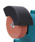 Cordless Mini Bench Grinder Featuring Two 4000mAh Batteries And A Beefy 200 Watt Motor Popping Out 7000 Rpm For Serious Metal Shaving And Smooth Polishing No Strings Attached And Ready To Roll On Your Bench Right Away close-up of grinding wheel and protective cover.