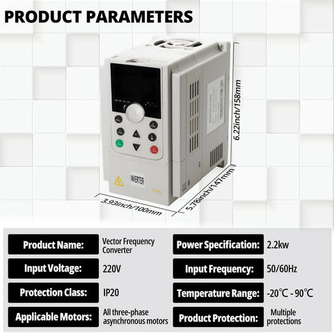 3HP 2.2kW 220V VFD Variable Frequency Drive for CNC Spindle and AC Motors Single or Three Phase Input to Three Phase Output Speed Control Converter Pro Grade Smooth RPM with dimensions and specifications displayed.