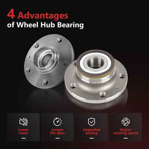 Two Piece Rear Wheel Bearing Hub Assembly Fits Audi Q3 And TT Plus VW Arteon Beetle CC Eos Golf GTI Jetta Passat Tiguan Limited 5 Lug ABS Direct Fit Replacement With ABS Sensor Included For Smooth Rotation And Long Lasting Durability, shown with advantages listed such as lower noise and longer lifespan.