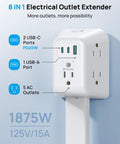 Slick Space Saving Outlet Extender Stick With 360 Rotating Plug And Solid Surge Protector For Behind Couch Bed Nightstand Adjustable Reach Easy Peasy Game Changer Setup featuring 5 AC outlets and 3 charging ports.