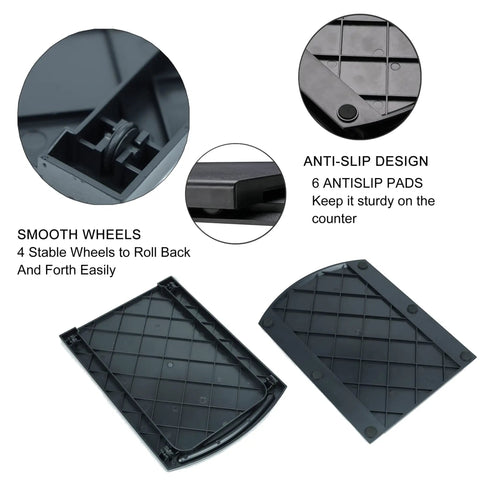 Super Smooth Kitchen Appliance Slider Caddy Saves Counter Space For Coffee Makers Toasters Air Fryers And Mixers With Silent Glide features 4 wheels and anti-slip pads.