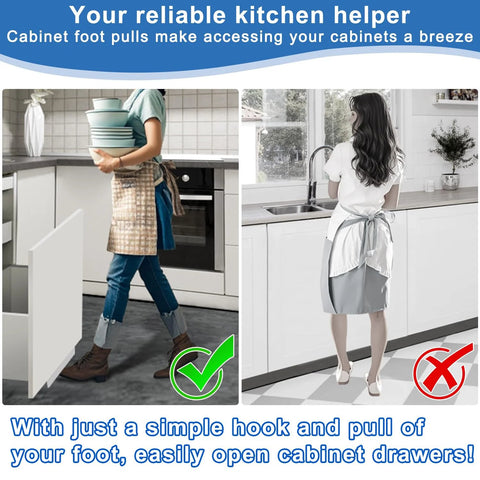 Hands Free Cabinet Foot Pull For Trash Drawer, person opening cabinet with foot in kitchen, stainless steel opener for overlay cabinets