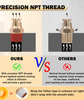 Comparison of precision NPT thread in 80 Piece Brass DOT Air Line Fittings Kit with competitor's thread, highlighting sealant coating benefits.