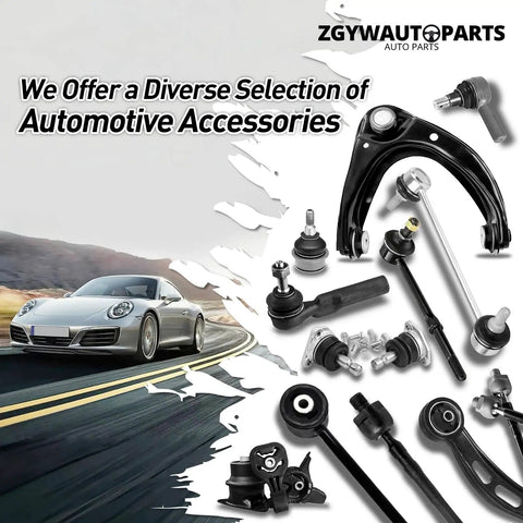 Automotive accessories and suspension parts arranged with a silver sports car on a winding road, showcasing quality components.