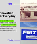 Feit Electric company building from 1978 and modern corporate headquarters sign.