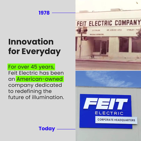 Feit Electric company building from 1978 and modern corporate headquarters sign.