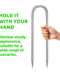 Person holding one 12-inch rebar stake from 11 Pack 12 Inch Beefy Galvanized Steel Rebar Stakes U Shaped Ground Anchors