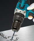 Heavy Duty Cordless Drill Featuring Slick Stepless Speed Toggle And Built In Led Work Light Includes Dual One Point Five Ah Packs Alongside Rugged Gear Case For Effortless Wood Metal Screwing And Home Renovation Hustle drilling into metal sheet
