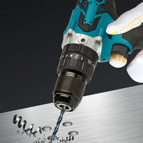 Heavy Duty Cordless Drill Electric Screwdriver Kit, close-up of drill with bit on metal, ideal for precision home repairs.