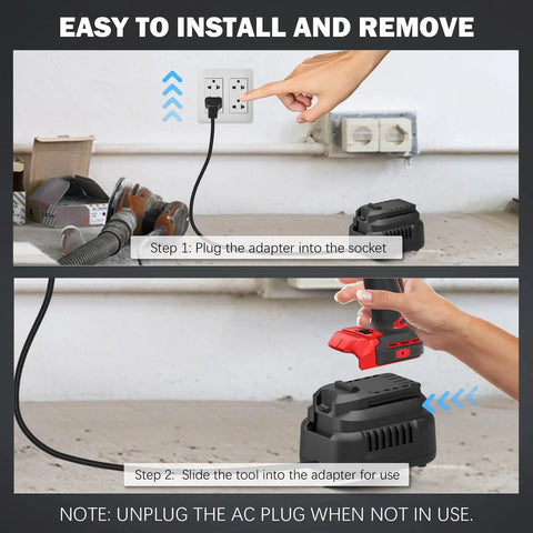 Heavy Duty 20V AC To DC Power Adapter transforms cordless gear; step-by-step instructions for tool connection and usage.