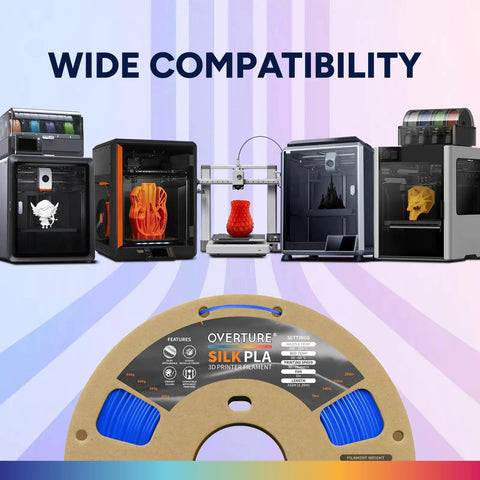 Top Shelf Silk PLA Filament 1.75mm 3D Printer Spool showcased with various 3D printers in background, emphasizing wide compatibility.