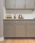 Modern kitchen with 30 Pack 5 Inch Square Cabinet Handles In Brushed Brass Finish Stainless Steel Kitchen Hardware Pulls.