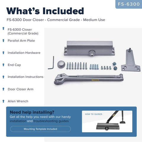 Heavy Duty Commercial Door Closer FS 6300 Auto Hydraulic Spring Hinge Grade 1 UL ADA ANSI A1564 installation kit contents