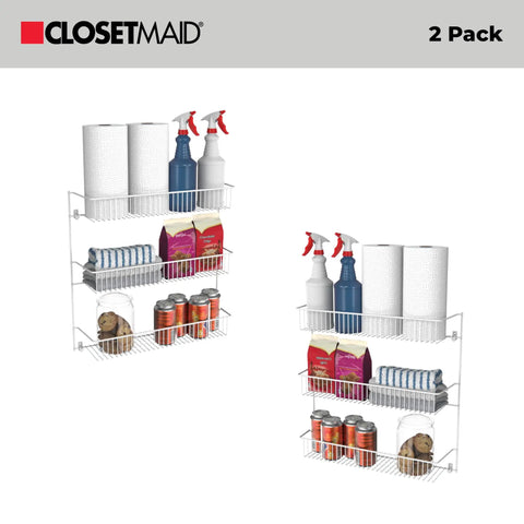 Top Notch 3 Tier Wall Mounted Spice Rack Set Of 2 For Pantry Organization, White finish shelves holding cleaning supplies and food items.