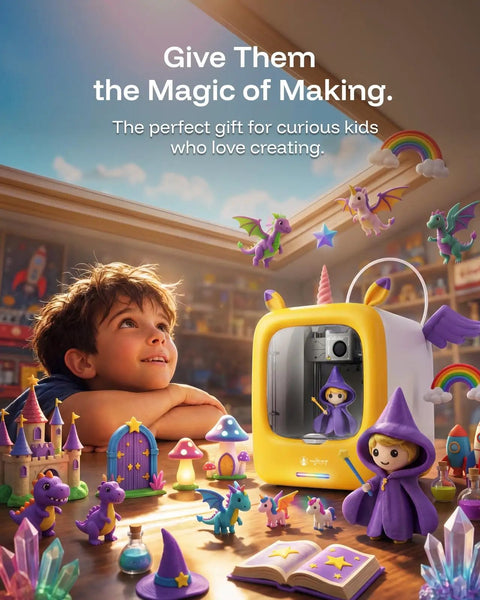Dope AI Powered 3D Printer Designed Specifically For Kids Featuring Fully Assembled Parts Hella Safe Enclosed Operation And Rad STEM gifts, surrounded by colorful toys.