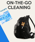 Seabbo 4-pack microfiber glasses cloths; front view shows blue card packaging and black backpack with orange keychain.