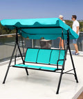 Three Seat Patio Swing With Steel Frame And Adjustable Canopy, All Weather Resistant Rocking Bench For Cozy Patio, Garden, Poolside Or Balcony, Turquoise Finish on a terrace.