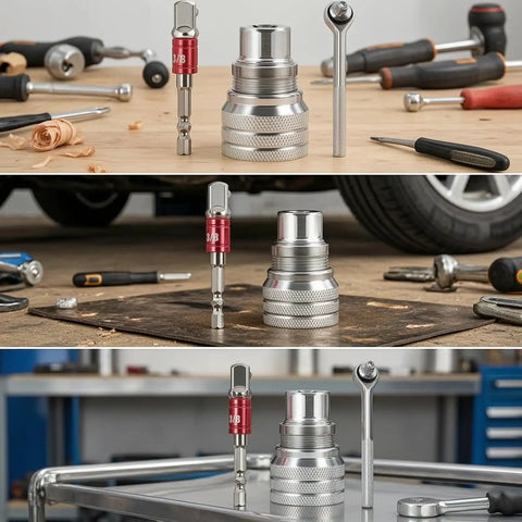 Hella Durable Vanadium Steel Socket Wrench Set With Smooth Non-Slip Ratchet Action And Rust-Proof Heavy Duty Construction on workbench and floor.