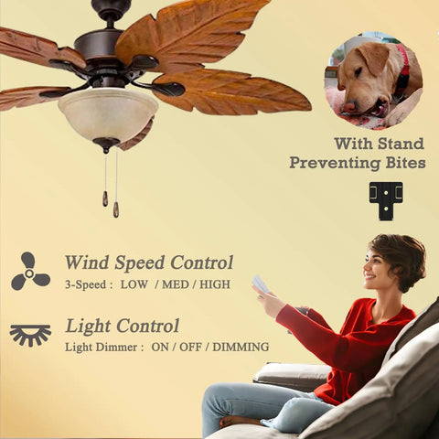 Universal Ceiling Fan Remote Kit With 3 Speed Settings And Light Dimmer Compatible With Hunter Fans Harbor Breeze Home Decorators And More Wall Mount Holder Included For Easy Setup, woman using remote control, ceiling fan with leaf design blades.
