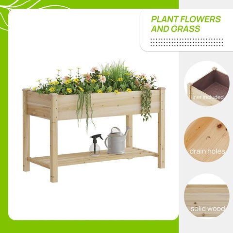 Raised Wood Planter Box On Legs With Storage Shelf For Vegetables Flowers And Herbs Outdoor Garden Bed, natural finish.