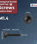 Heavy Duty Socket Head Cap Screws M1.4 X 6mm with sleek black oxide finish and hexagonal head, made from carbon steel.
