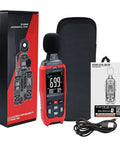 Sound Level Data Logger With Real Time Decibel Readouts 30 To 130 dB Range, Audible And Visual Alarm, PC Export shown with packaging and accessories