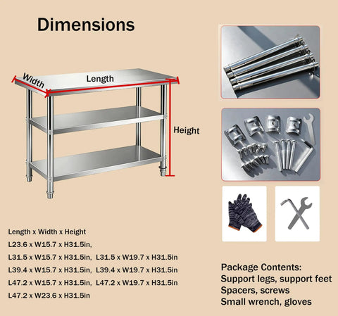 Dimensions diagram for Solid Three Tier Stainless Steel Prep Table Commercial Kitchen Shelving Unit with assembly parts.