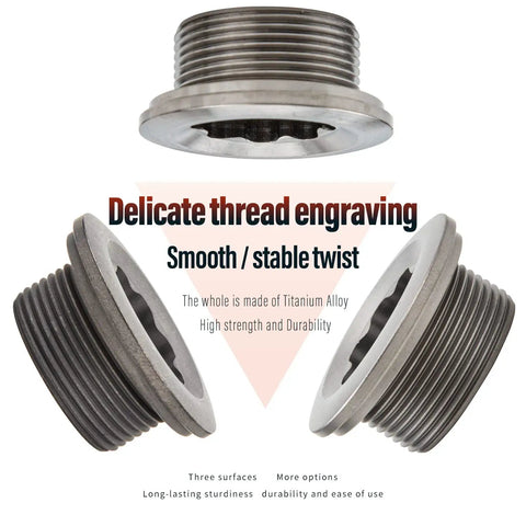 Badass Titanium Crank Cover M20 Screw Cap for Road Bicycle and Mountain Bike Crank Arm with smooth thread engraving.