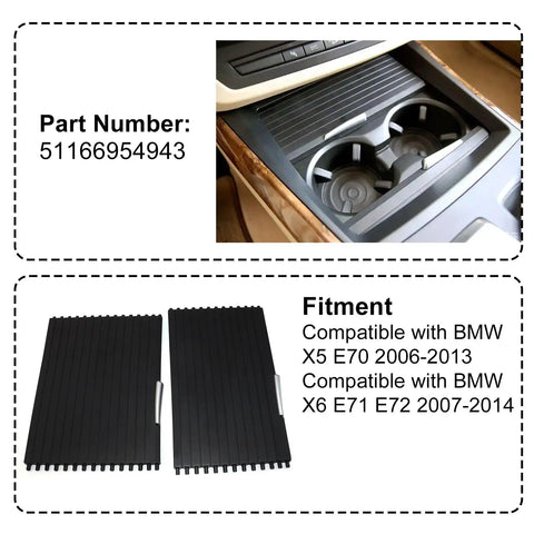 Hella Durable Center Console Cup Holder Slide Cover Featuring Slick Gliding Roller Blind Shutters For BMW X5 And X6 Models showing black sliding trays in console.