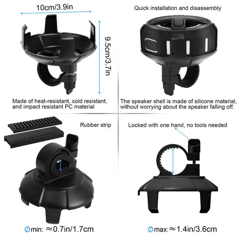 Ride Ready Bike Speaker With Pro Handlebar Mount showcasing dimensions, silicone material, and easy installation features.