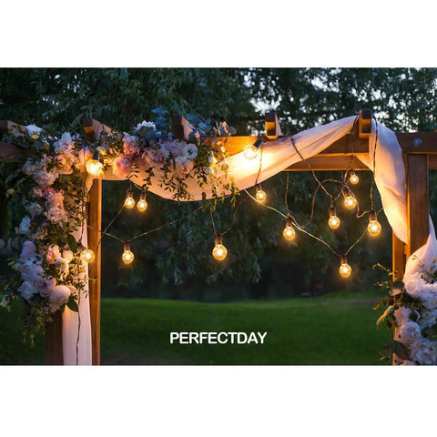 Outdoor Solar String Lights G40 Umbrella Lights, 27 Ft, 25 Shatterproof LEDs hanging on decorated pergola at dusk