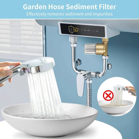 Garden Hose Sediment Filter And Inline Water Screen For Washer Dryer Heater Setup With Transparent Housing, shown in use filtering water.
