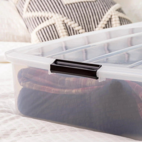 Heavy Duty 50 Quart Stackable Plastic Storage Bins With Snap Tight Secure Lids Clear Organizers For Home Office Dorm Room Garage No Sweat Bulk Pack Of Three, stacked bin with cozy blankets inside.